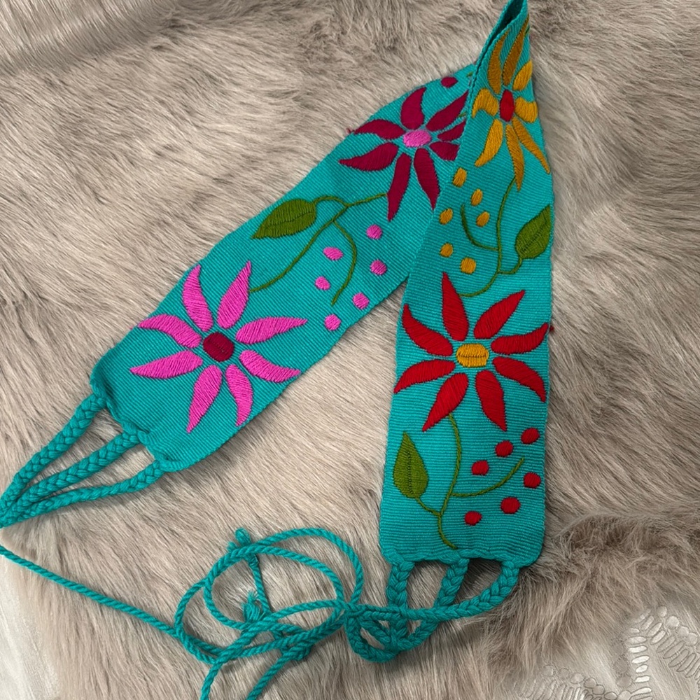COPY - Mexican sash belt Floral Embroidered Teal